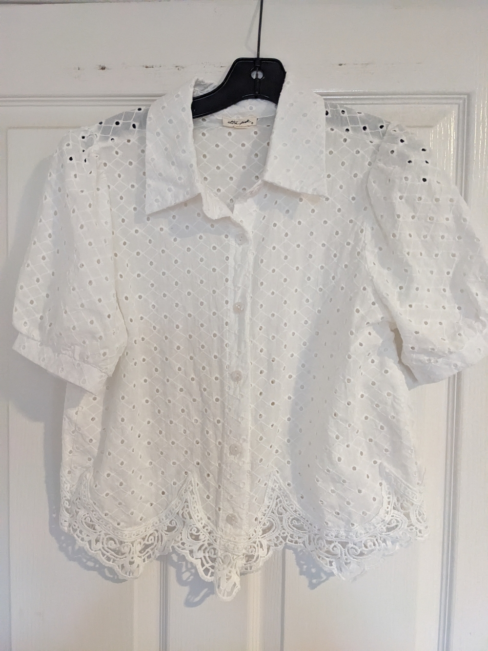 Ultra Pink White Eyelet Lace Button-Up Top